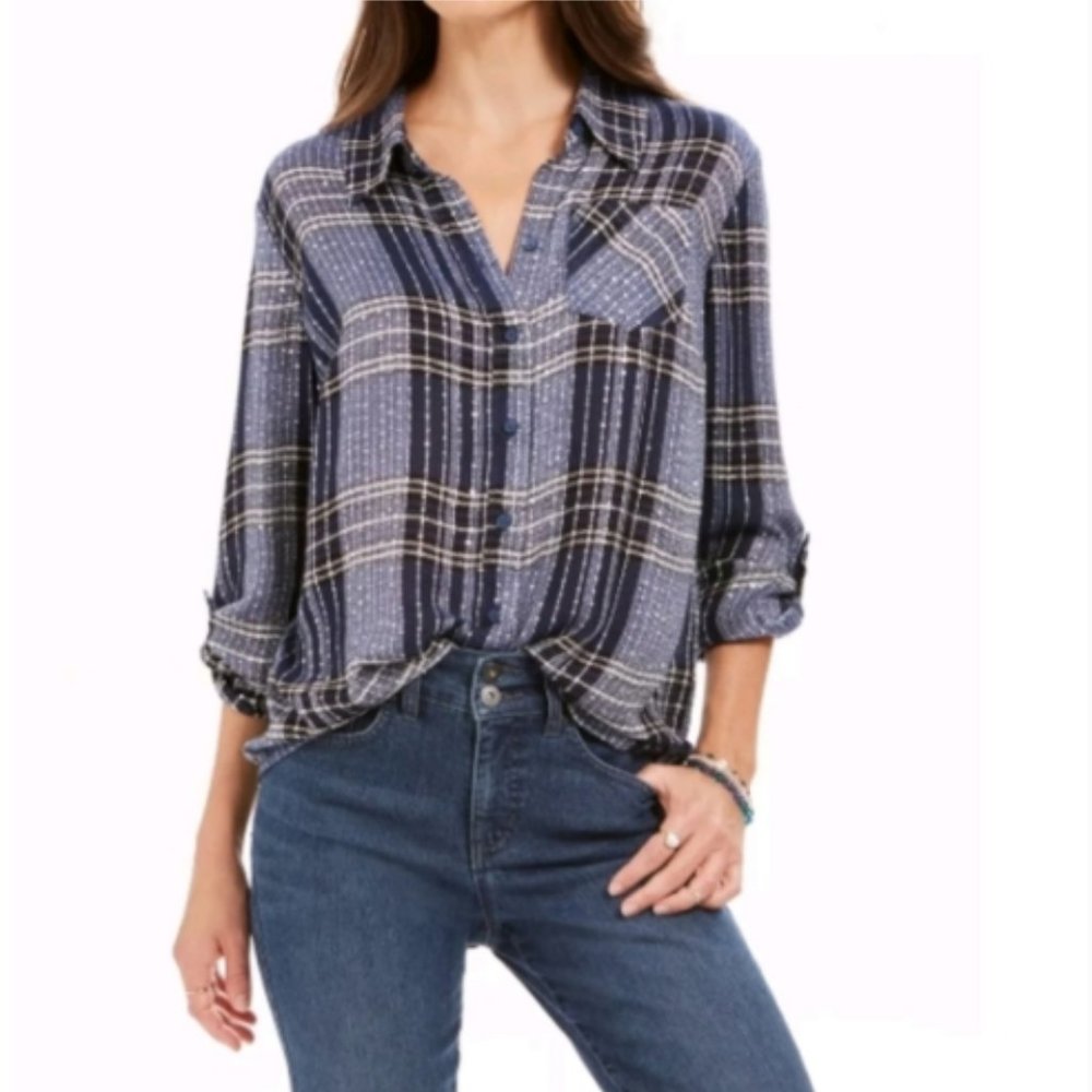 NWT Style&Co blue plaid roll tab Sparkle shirt S